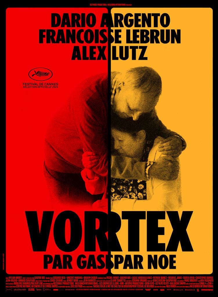 Vortex Filmplakat. Ein Mann der eine sitzende Frau umarmt. Linke Hälfte ist rot eingefärbt, rechte Hälfte gelb.