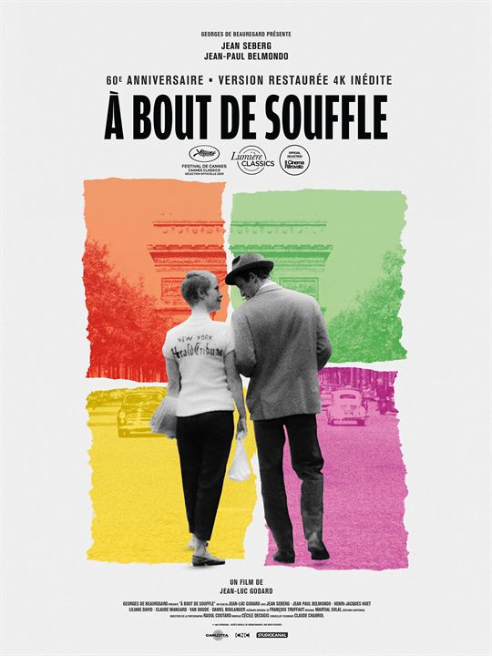Französisches Filmplakat à bout de souffle. Frau und Mann stehen nebeneinander auf der Champs Elysée.
