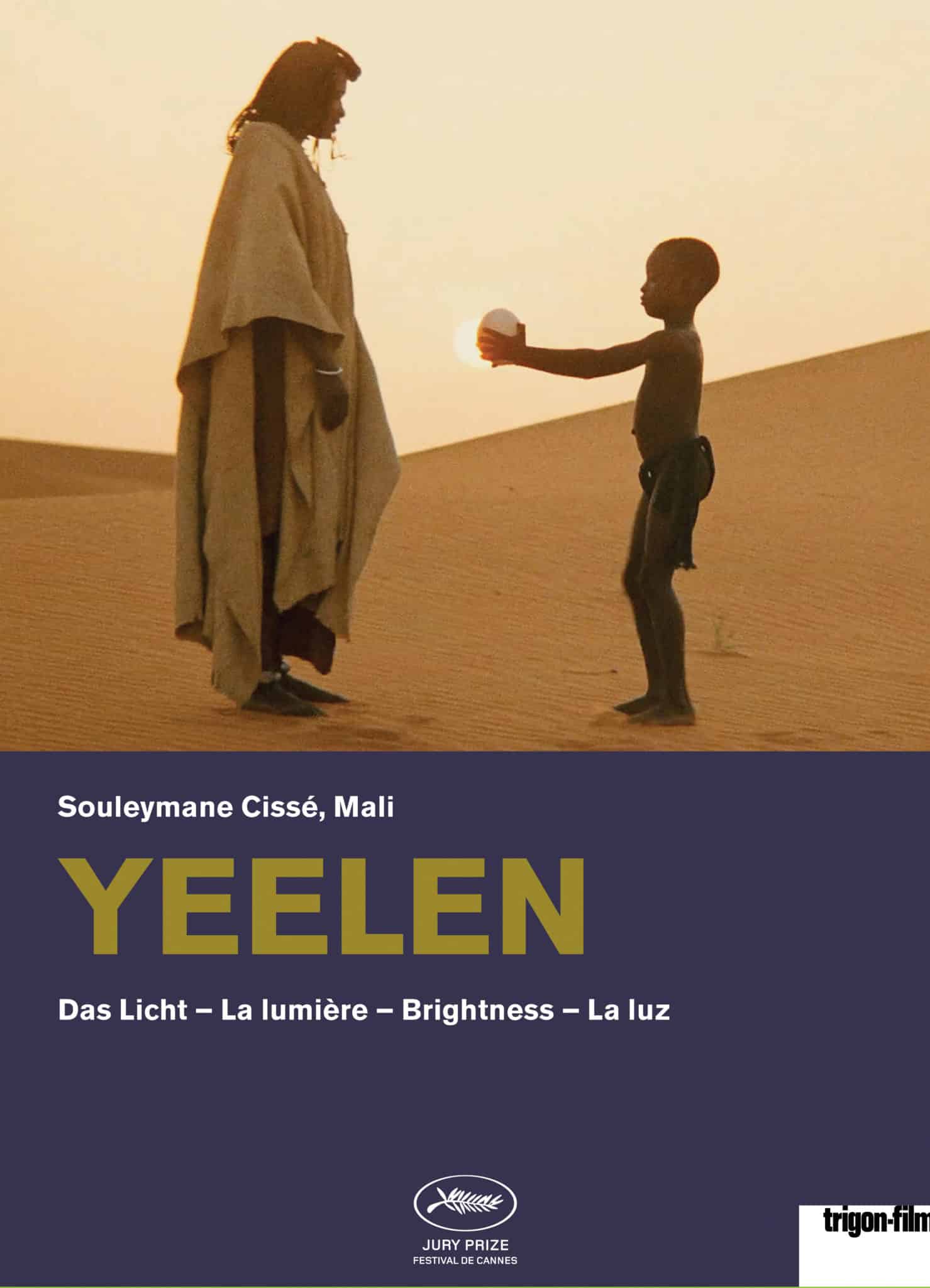 Bildbeschreibung: Filmplakat "Yeelen - Das Licht". In einer Wüste steht ein Kind vor einer erwachsenen Person und streckt ihr die Arme entgegen, während es etwas weißes in den Händen hält.