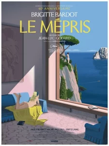 Bildbeschreibung: Französisches Filmplakat "Le Mépris". Eine Frau liegt nackt auf dem Bauch auf einer gelben Decke auf einem blauen Sofa und schaut durch ein riesiges Fenster aufs Meer hinaus. Durch das Fenster ist auch ein Mensch zu sehen, der an einem felsigen Küstenabschnitt unter einem Baum steht.