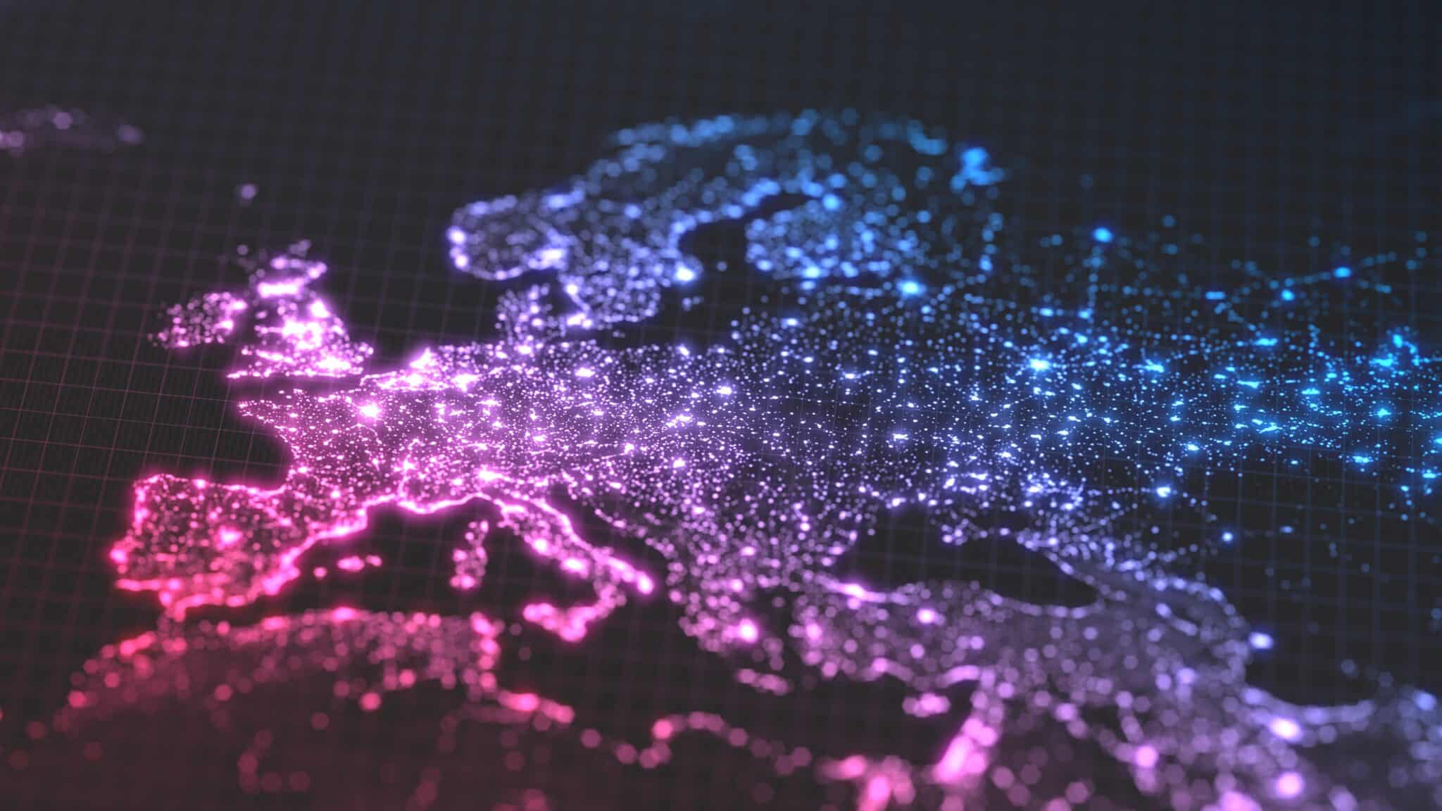 Dark earth map with glowing details of city and human population density areas. wiew of europa. 3d illustration (Grafik: KMLS/ AdobeStock 227328256)