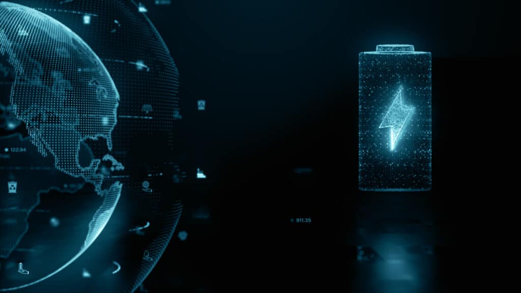 Technology battery high power electric energy, battery to electric cars and mobile devices with clean electric, green renewable energy battery storage future, technology digital abstract background (Foto: AdobeStock 531346820/ KanawatTH)