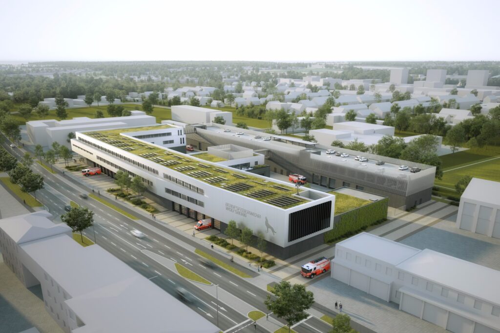 Feuerwache Wolfsburg Luftbild (Bild: © SUPERGELB ARCHITEKTEN Visualisierung Roomservice 3D)